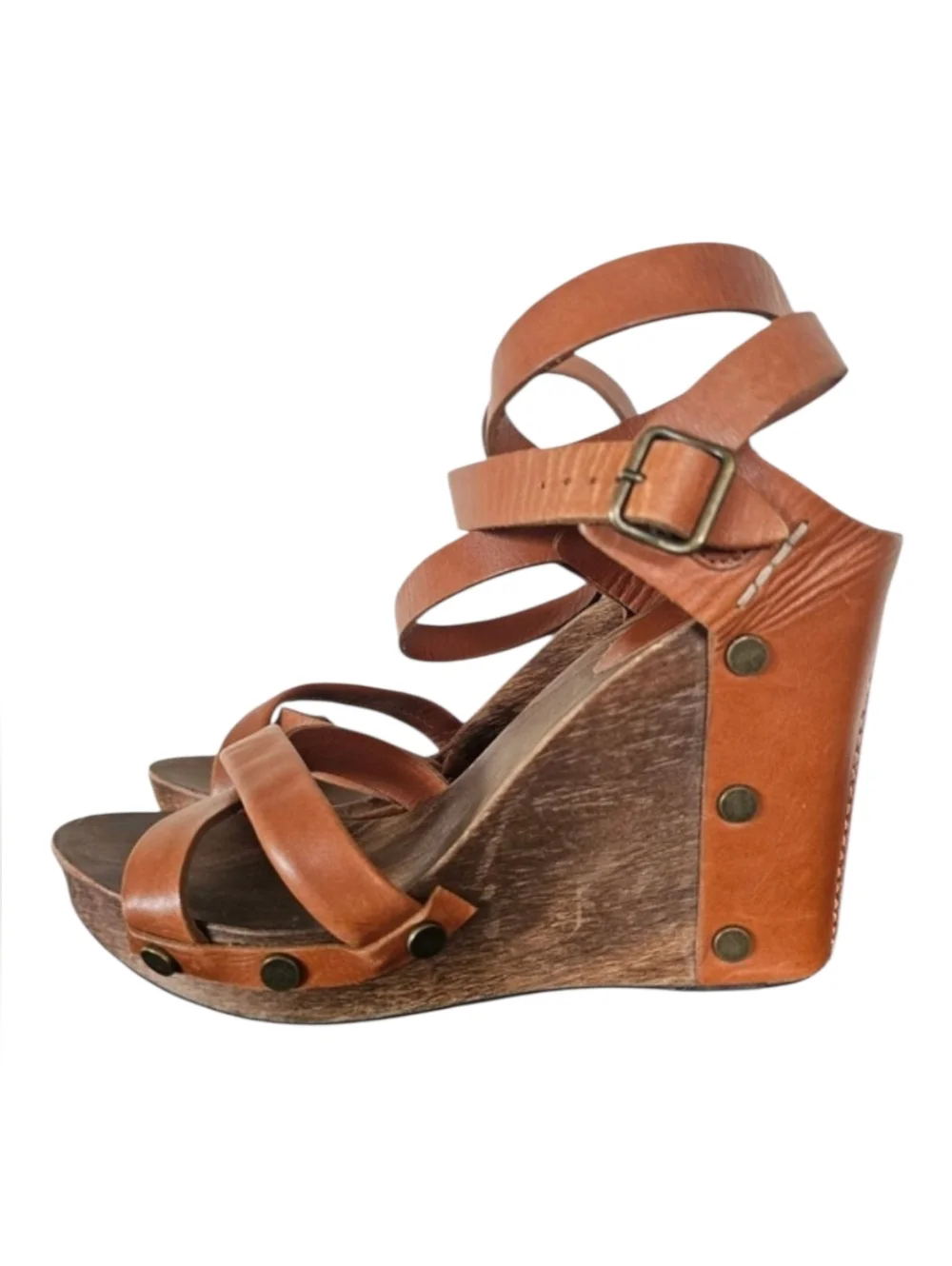 See by Chloe Ancle Wrap RivetLeather Brown Wooden Wedges Sandals sz EU 39 US 8.5
